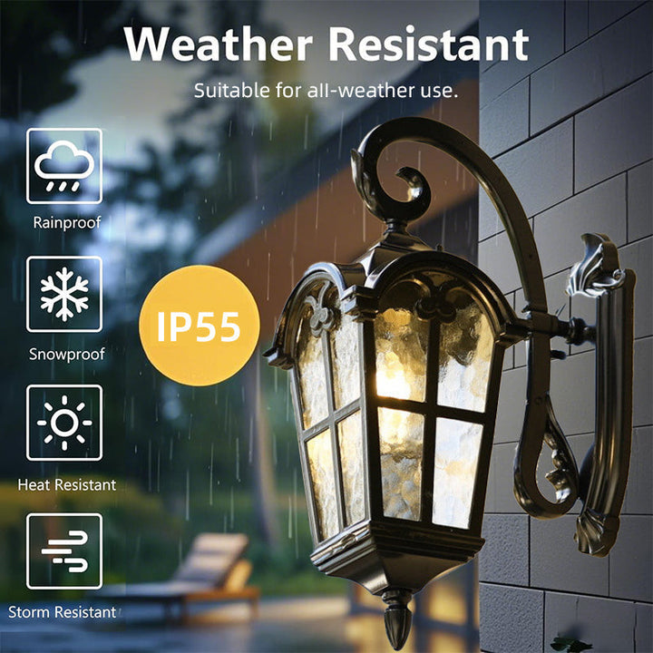 Weatherproof vintage solar wall light for garden. Remote-controlled LED sconce for patio entry.