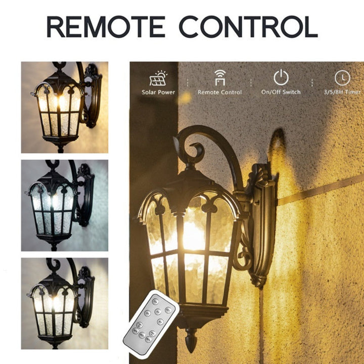 Classic outdoor vintage solar wall sconce with remote. Perfect for illuminating driveways and paths.