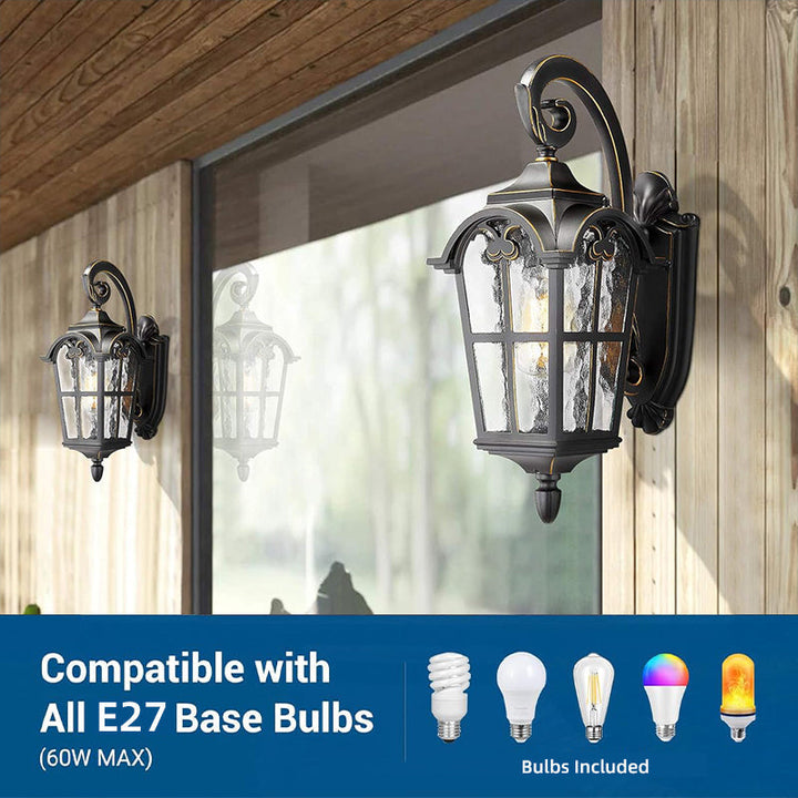 Vintage solar-powered LED wall light with remote. Easy-to-install exterior sconce for any home.