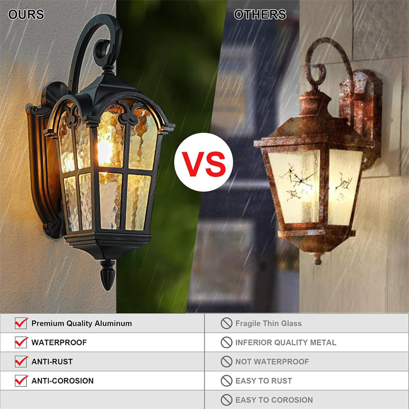 Weatherproof vintage solar wall light with remote. Classic exterior sconce for garden illumination.