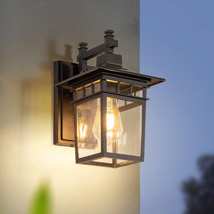 Outdoor waterproof lantern wall light for patio and garden, durable aluminum & glass.