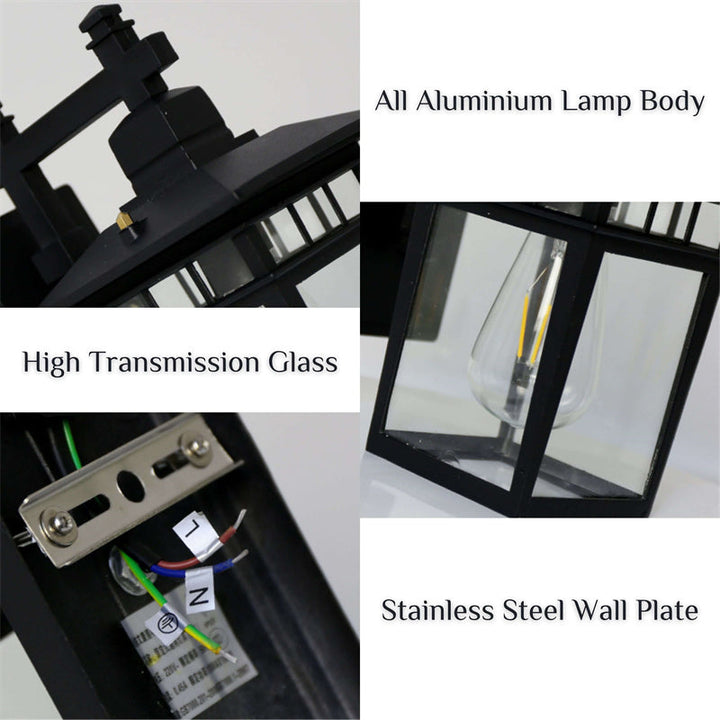 Waterproof lantern wall light for outdoor garden, patio, and exterior home lighting needs.