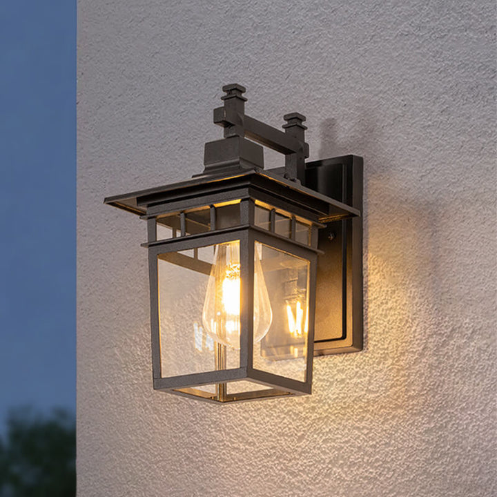 Modern rustic aluminum lantern wall light for exterior garden and patio, weatherproof design.