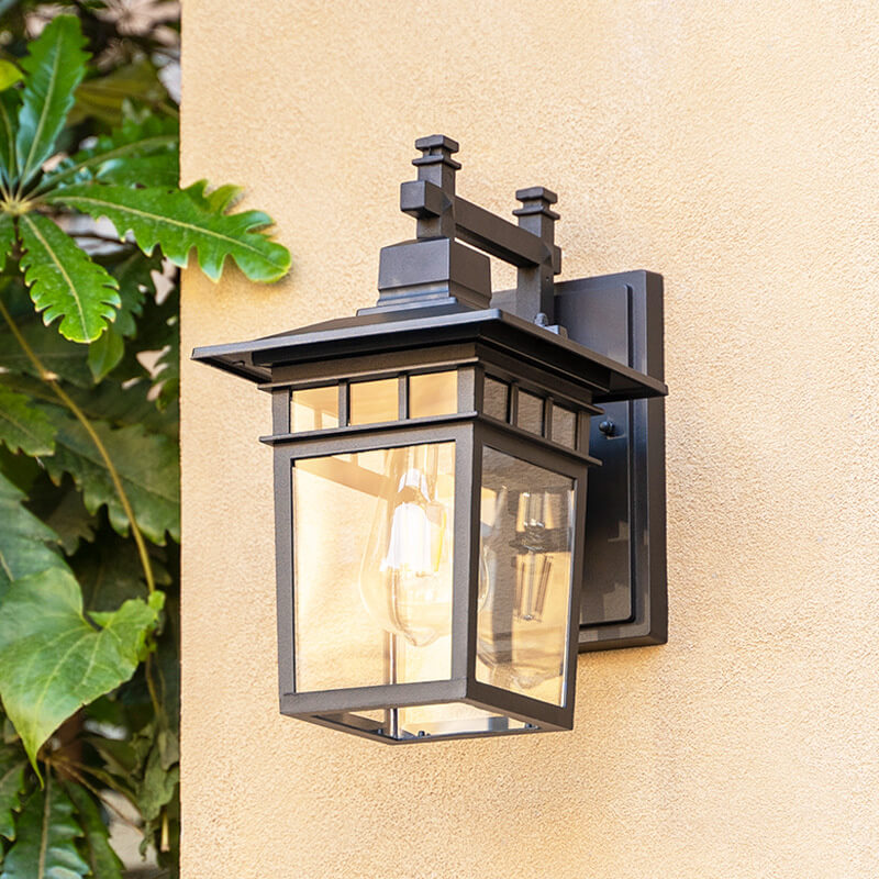 Sleek modern rustic aluminum wall lantern with clear glass, outdoor and waterproof.
