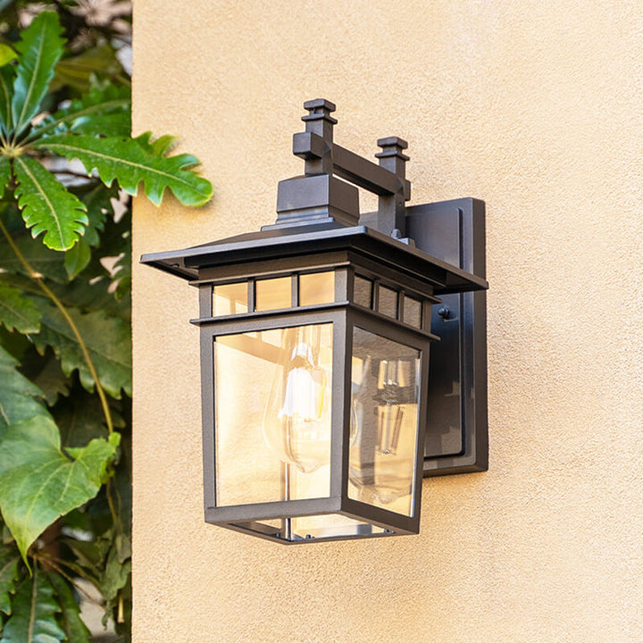 Sleek modern rustic aluminum wall lantern with clear glass, outdoor and waterproof.