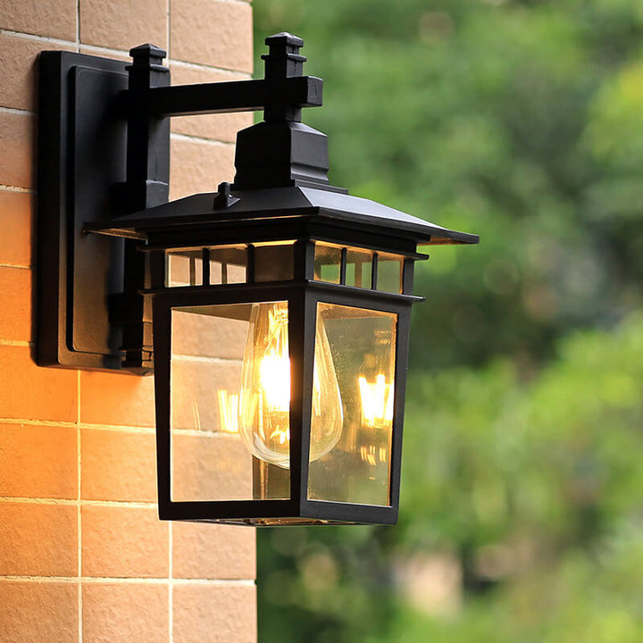Garden and patio wall lighting fixture, waterproof lantern design, durable aluminum build.