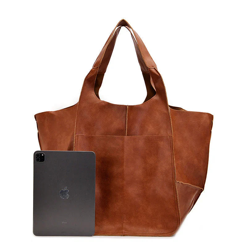 Oversized vintage brown leather shoulder bag for women, perfect for daily use & travel, durable.