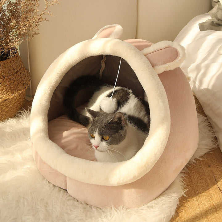 Soft, enclosed PawCave cat bed offering comfort and a private retreat for cats of all sizes.