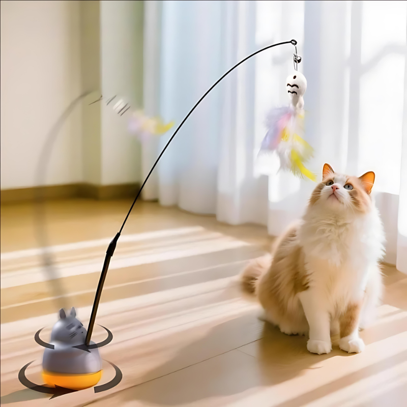 PawSpin interactive rotating feather cat toy providing mental stimulation and exercise for pets.