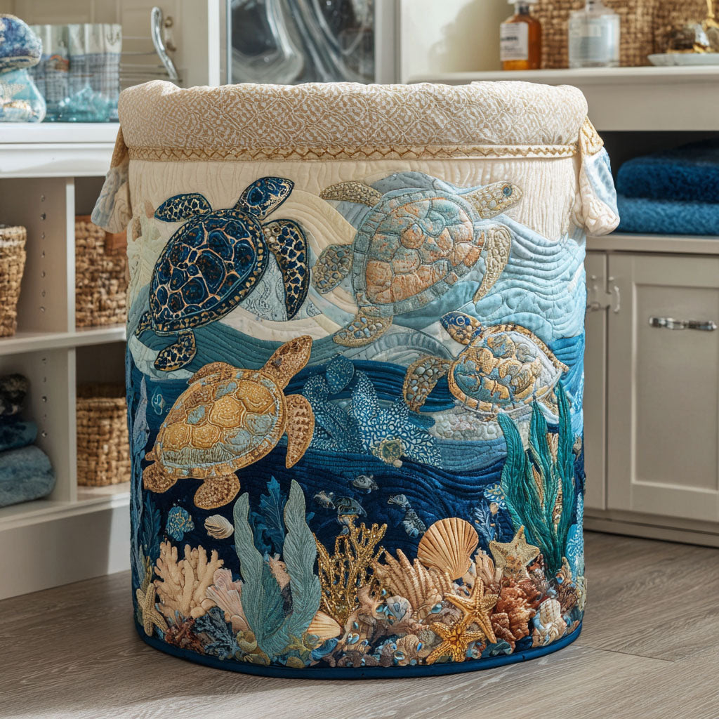 Pearl Shell Shine Quilted Laundry Basket for women. Stylish home decor storage bin with durable fabric & foldable design.