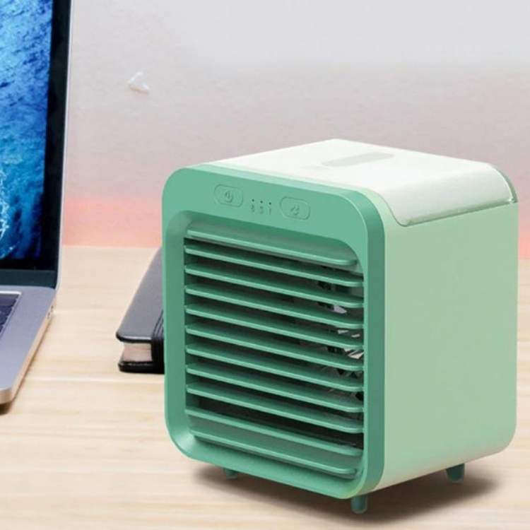 Quiet personal portable AC unit with LED light, ideal for bedside or desk cooling in summer.