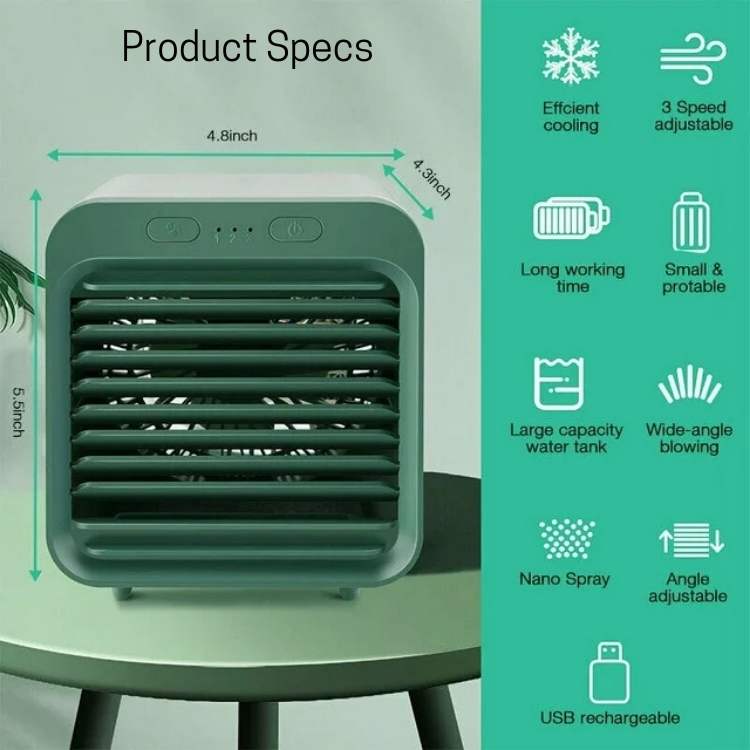 Advanced portable personal air cooler providing instant, refreshing, adjustable airflow for comfort.