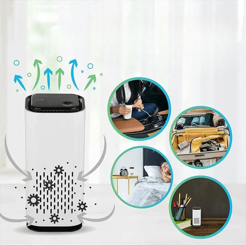 Pet air purifier with activated carbon filter to eliminate pet odors and improve home air quality.