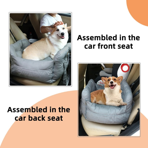 Secure pet car seat bed with adjustable straps, ensuring dog safety during car rides. Waterproof & durable.