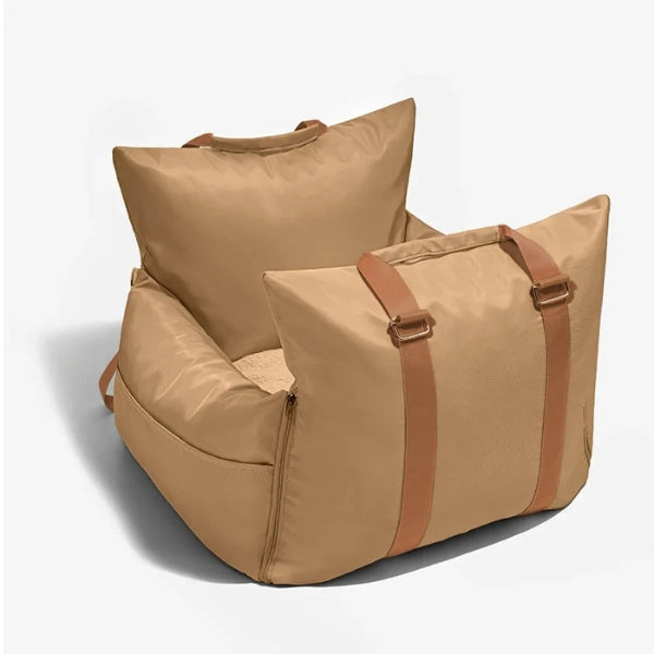 Elevated dog car seat bed allowing pets a better view while traveling safely. Waterproof & cozy.