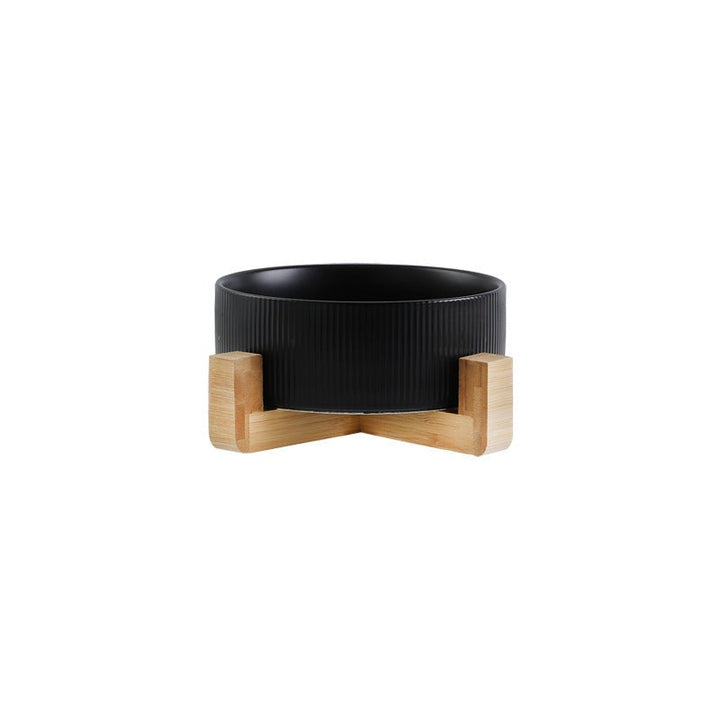 Elevated ceramic dog food bowl and water bowl set in an elegant, durable wooden stand.