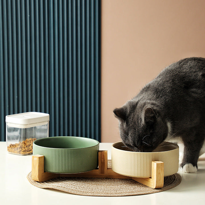 Modern elevated ceramic dog & cat food/water bowls on a stylish wooden feeder stand.