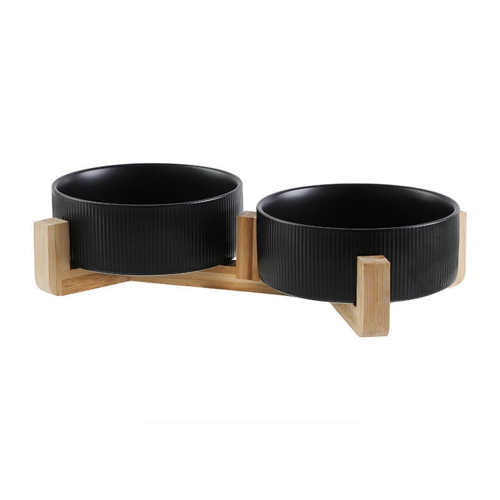 Dog & cat food and water bowls in an elevated wooden stand, a functional pet accessory.