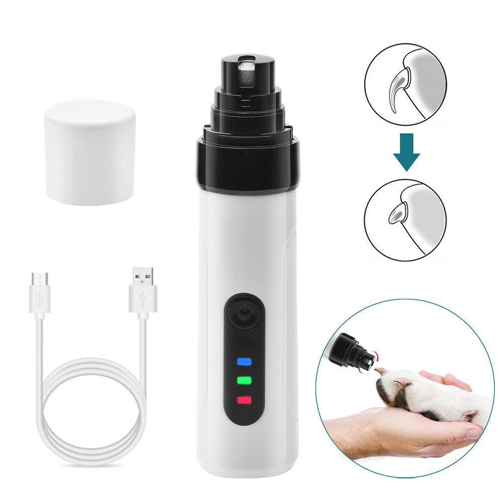 Pet nail trimmer with LED light and quiet motor for stress-free dog & cat paw grooming. Rechargeable for convenience.