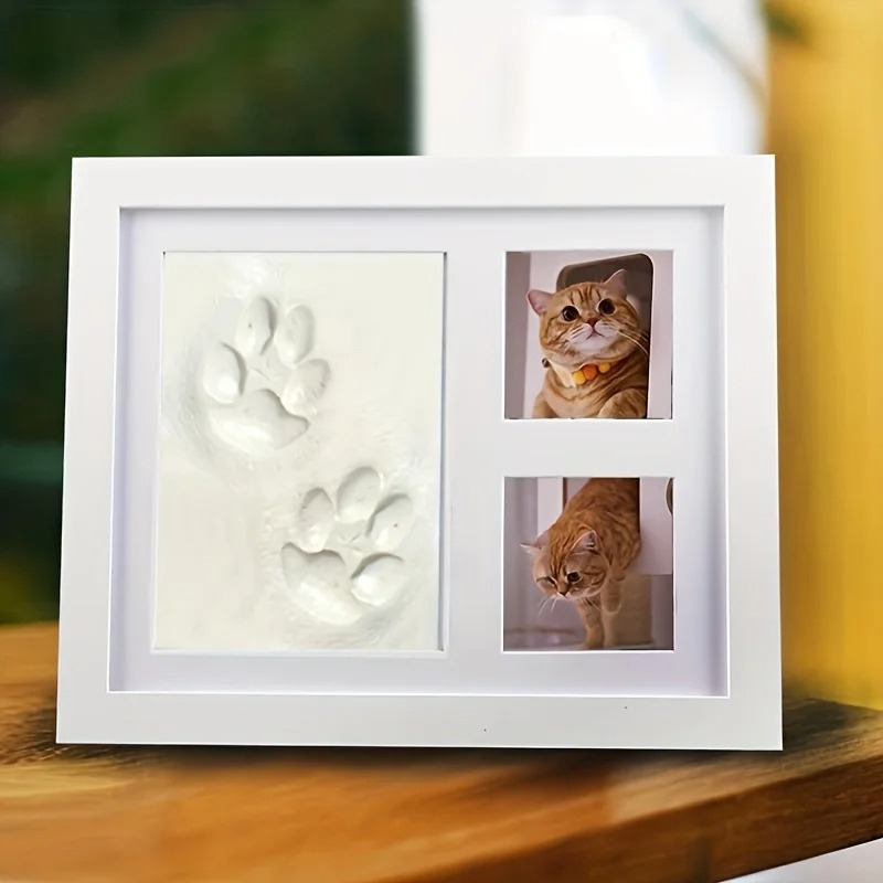Pet paw print keepsake frame with wooden finish, ideal for dog or cat memorials.