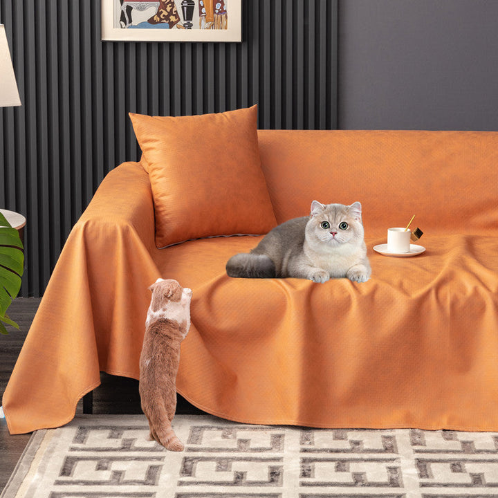 Pet-proof waterproof sofa cover for furniture protection; grey, non-slip, washable.