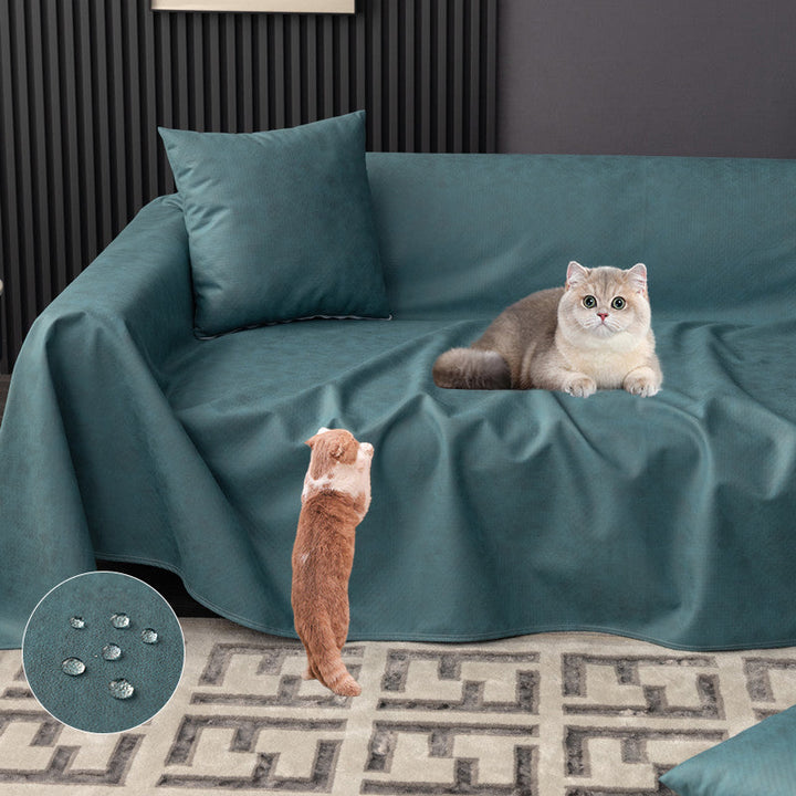 Stylish grey pet-proof sofa cover for living room furniture protection; waterproof & anti-scratch.