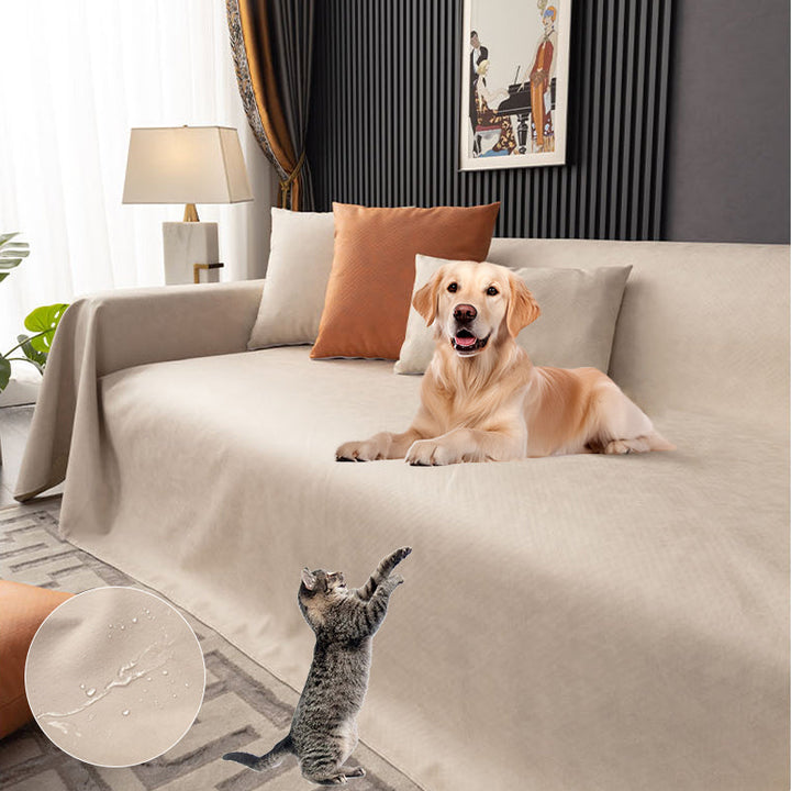 Full view of a pet-proof waterproof sofa cover, protecting a three-seater living room couch.