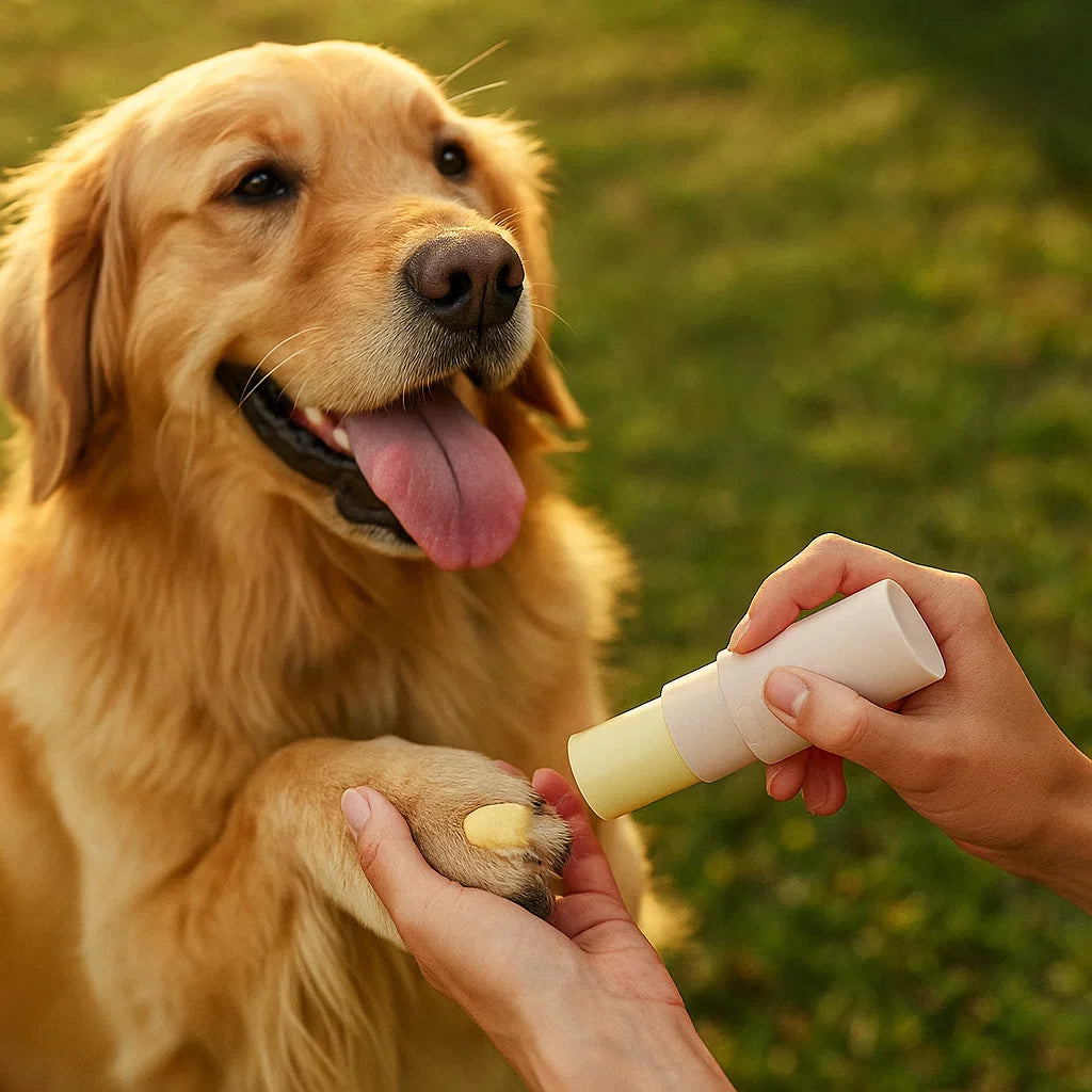 Natural ingredient pet balm stick for dry paws & noses. Soothes, heals, & protects dog/cat skin. Essential pet comfort.