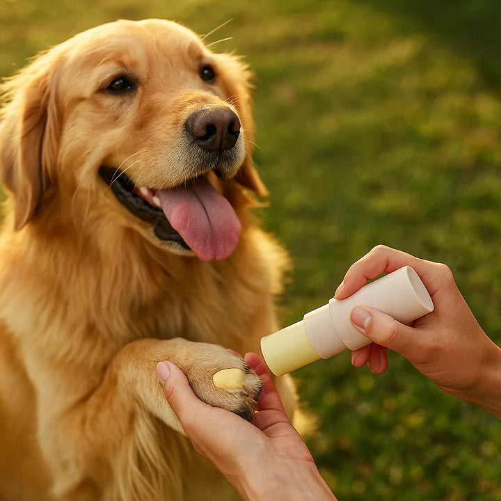 Natural ingredient pet balm stick for dry paws & noses. Soothes, heals, & protects dog/cat skin. Essential pet comfort.