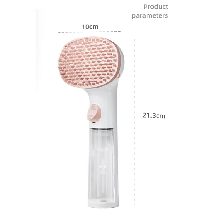 Integrated dispenser waterless grooming foam brush. Silicone pet care tool for dry shampoo.