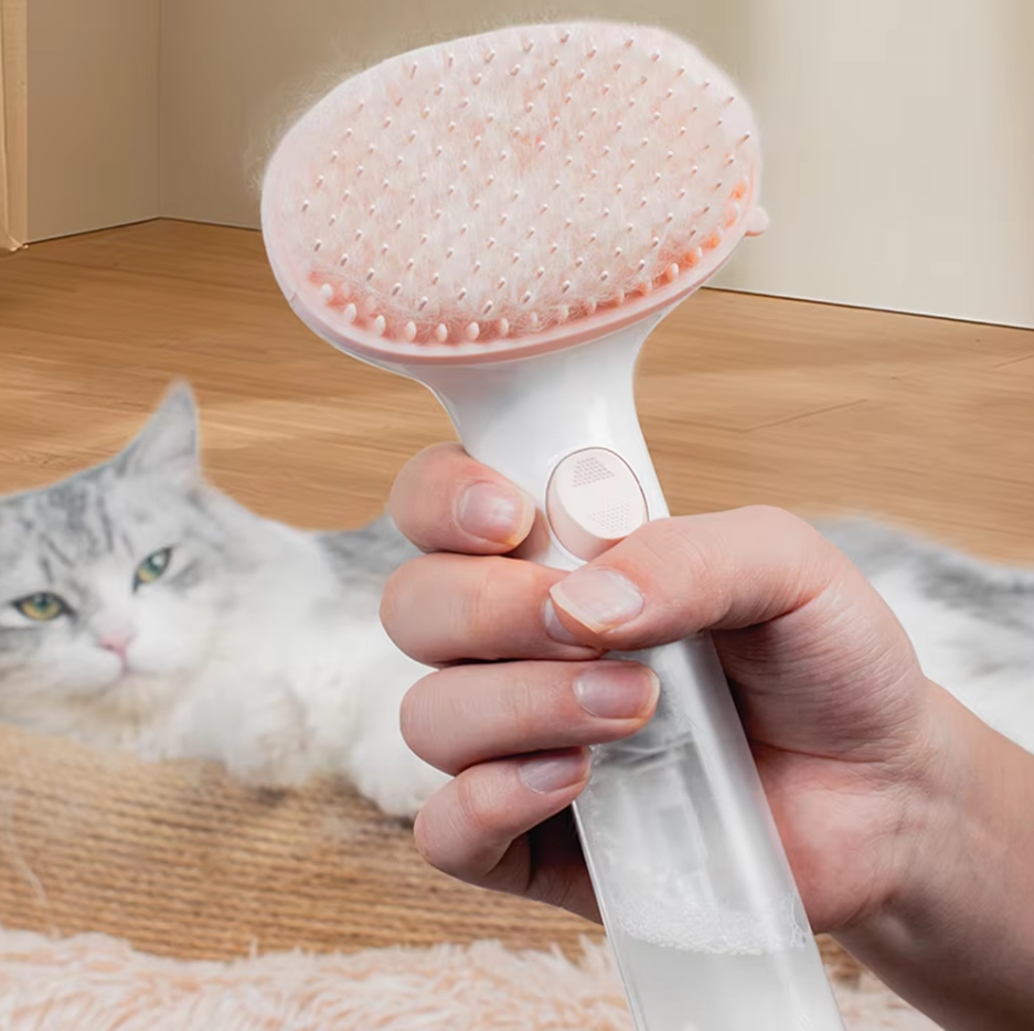 Dog & cat waterless grooming foam brush with dispenser. Ideal for quick pet hygiene & care.
