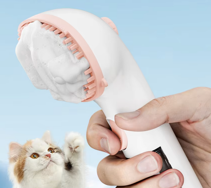 Travel-friendly waterless grooming foam brush for pets. Quick dry shampoo & easy pet care tool.
