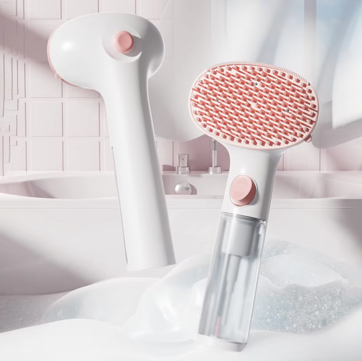 Silicone pet grooming foam brush with dispenser. Waterless shampoo for convenient dog & cat care.