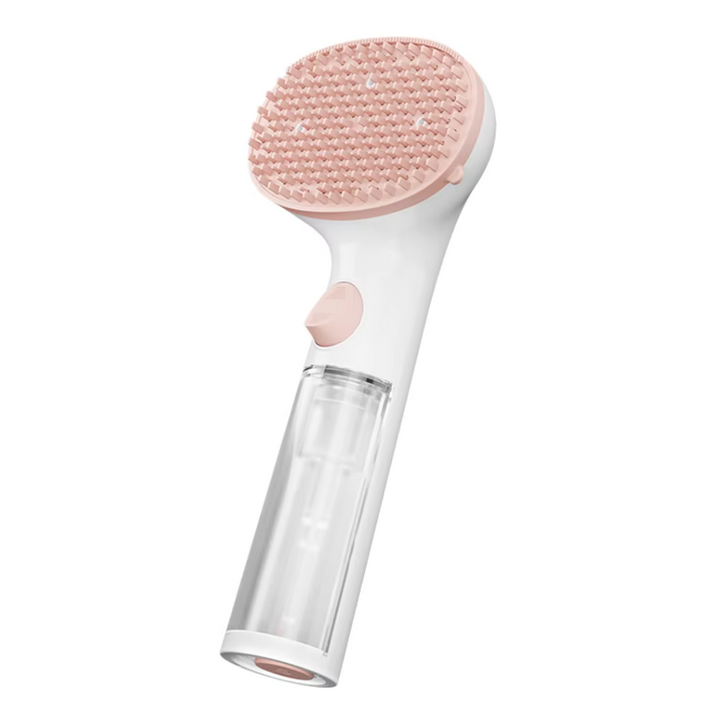 Waterless pet grooming brush with dry foam dispenser. Essential pet supplies for dog & cat hygiene.