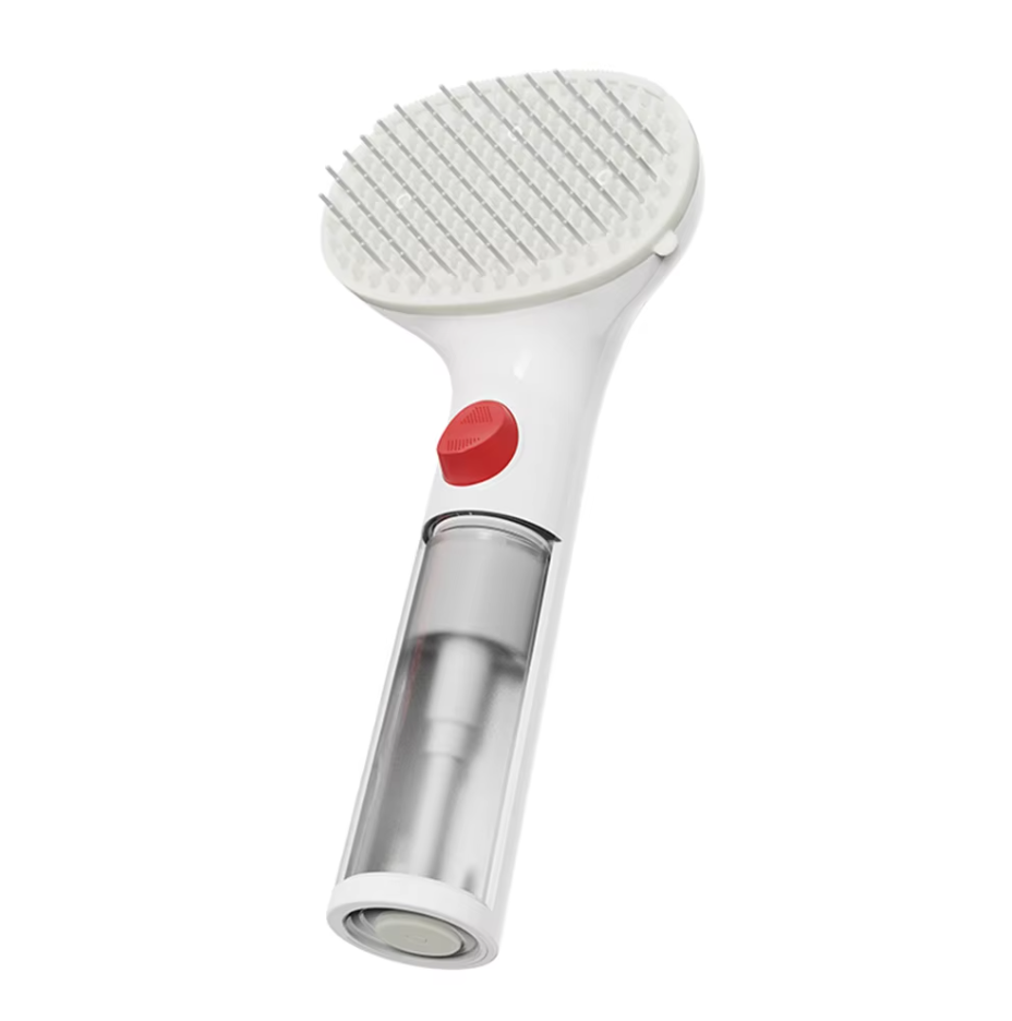 Innovative waterless grooming tool for pets. Dry foam brush with integrated shampoo dispenser.