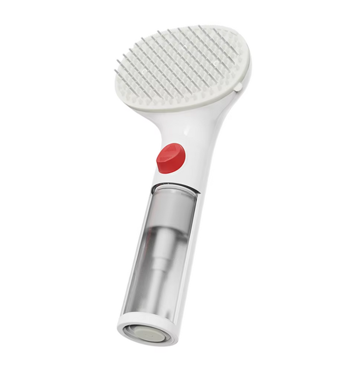 Innovative waterless grooming tool for pets. Dry foam brush with integrated shampoo dispenser.