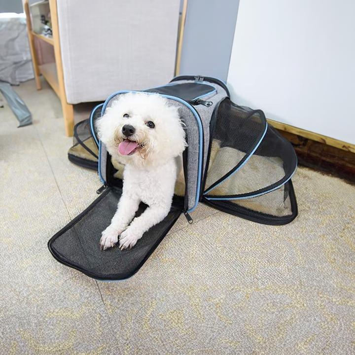 PetScape expandable pet carrier for small and medium pets, offering ample travel space.