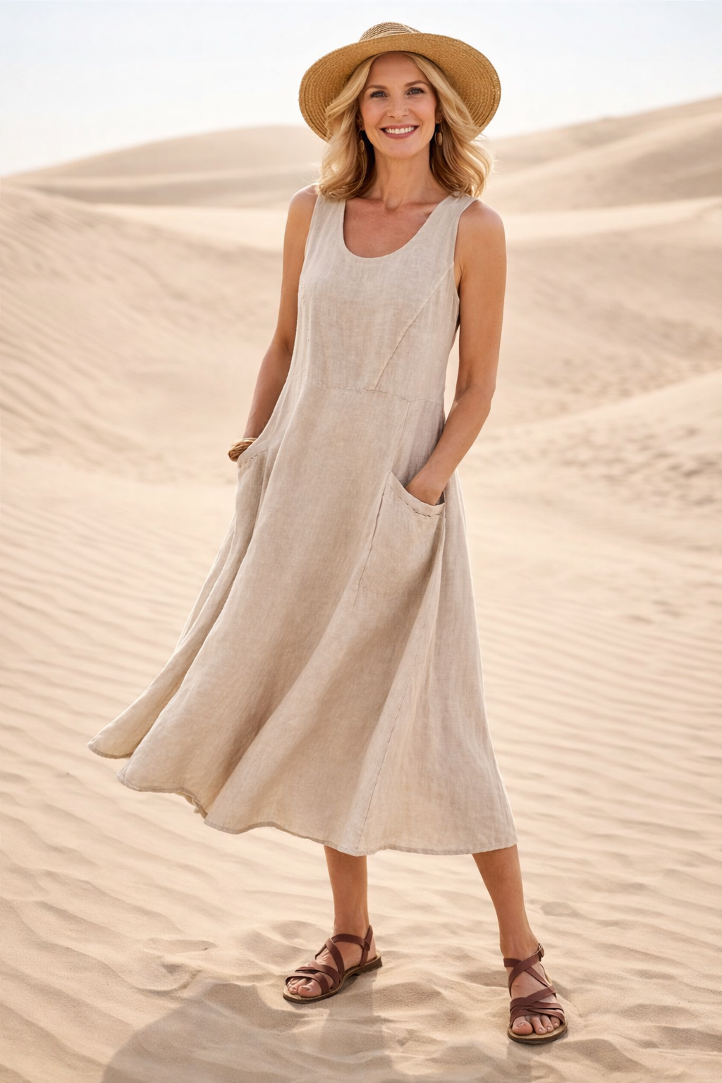 Khaki women's A-line midi dress with pockets, sleeveless design. Versatile and casual everyday fashion.