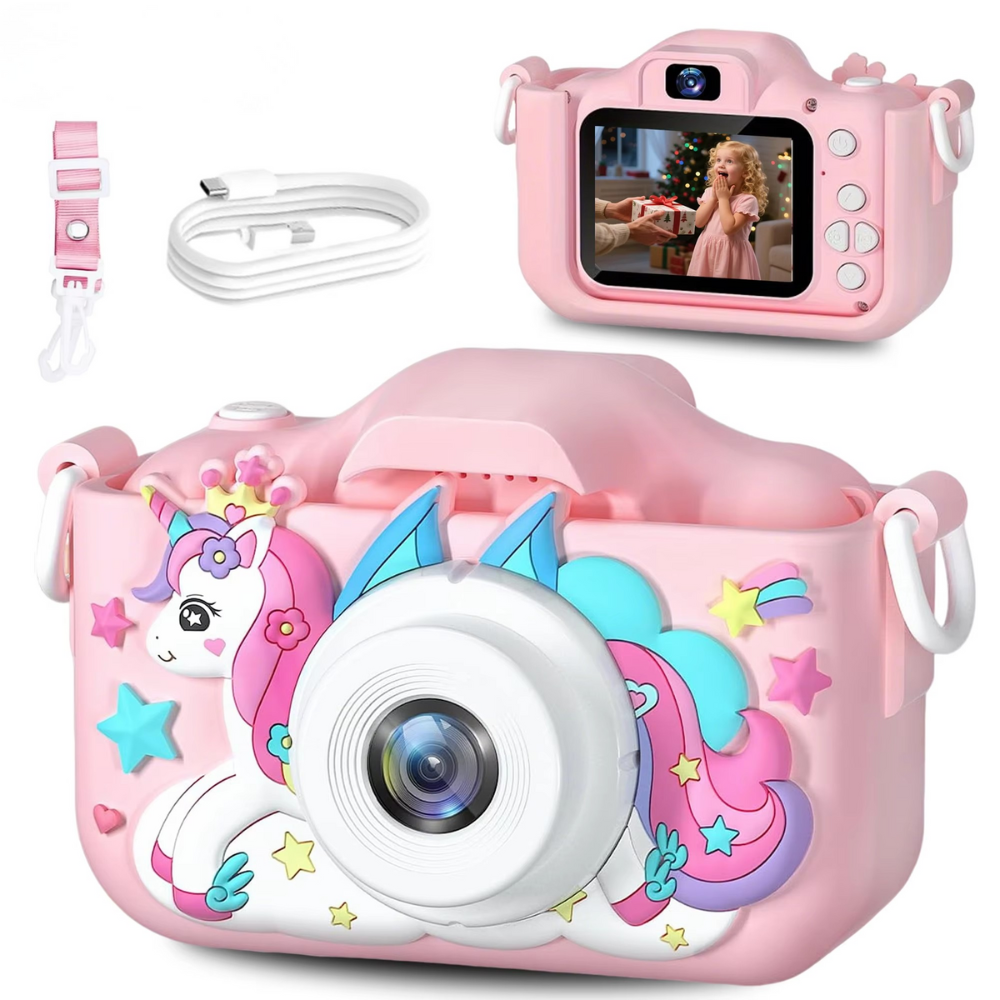 Pink and purple unicorn digital camera for kids with 32GB storage, perfect for beginner photographers.