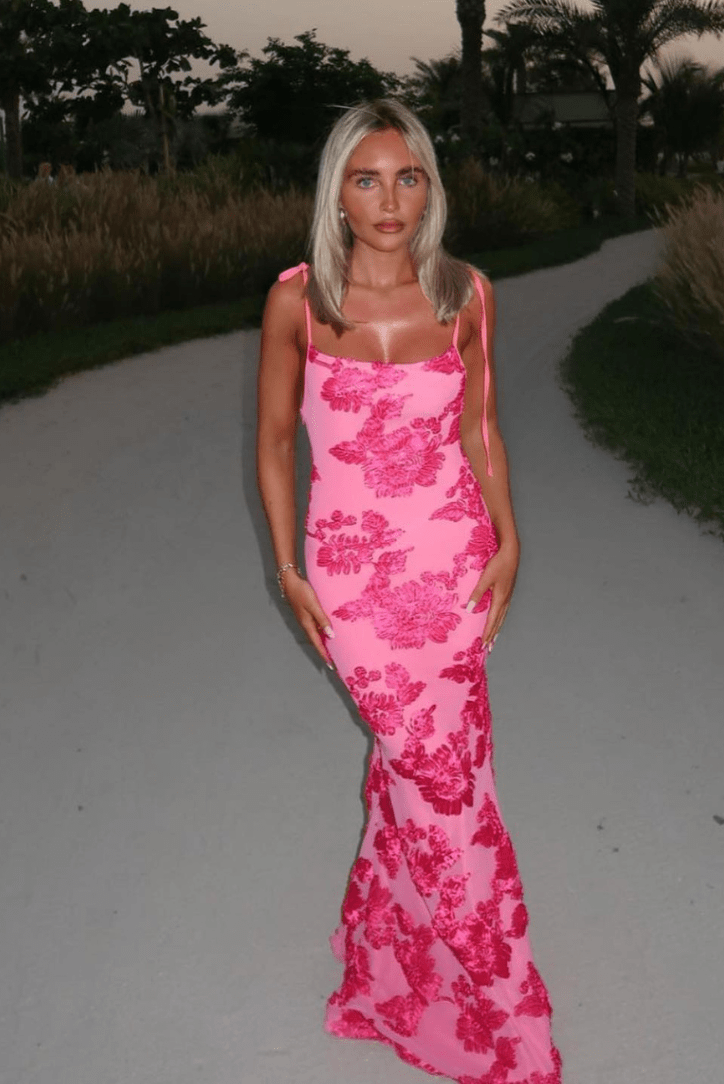 Pink floral embroidered maxi dress for women, ideal for weddings & special occasions. Sleeveless, elegant & flowy.