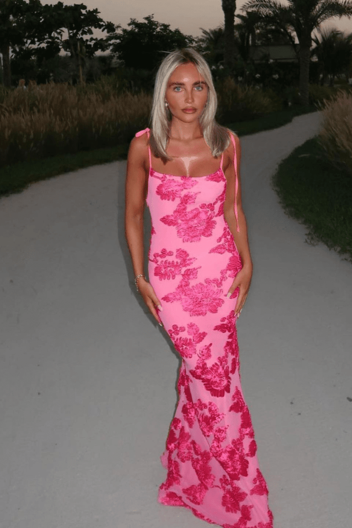 Pink floral embroidered maxi dress for women, ideal for weddings & special occasions. Sleeveless, elegant & flowy.