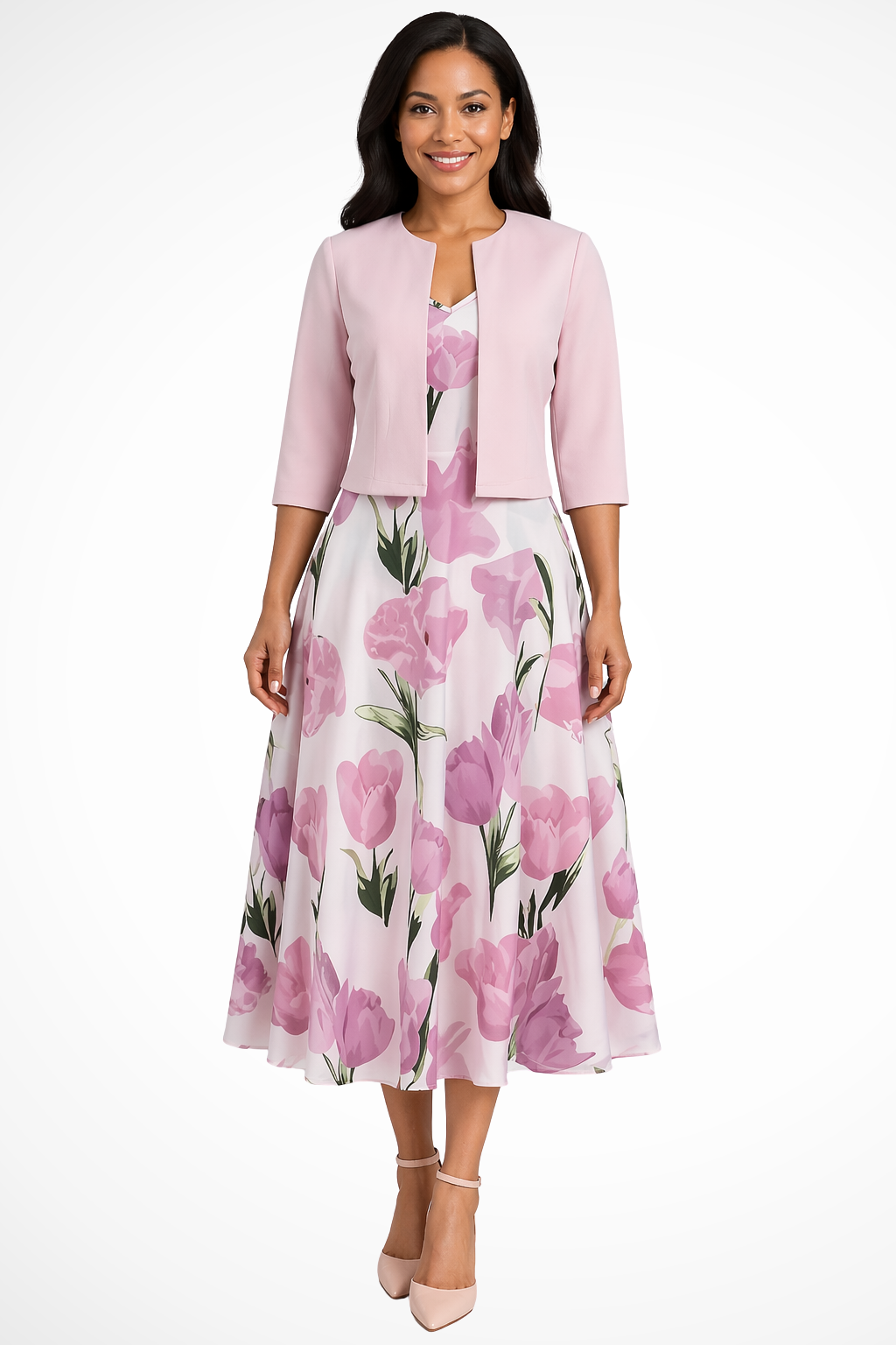 Pink floral maxi dress & matching cropped jacket, a stylish two-piece formal set for wedding guests & special occasions.