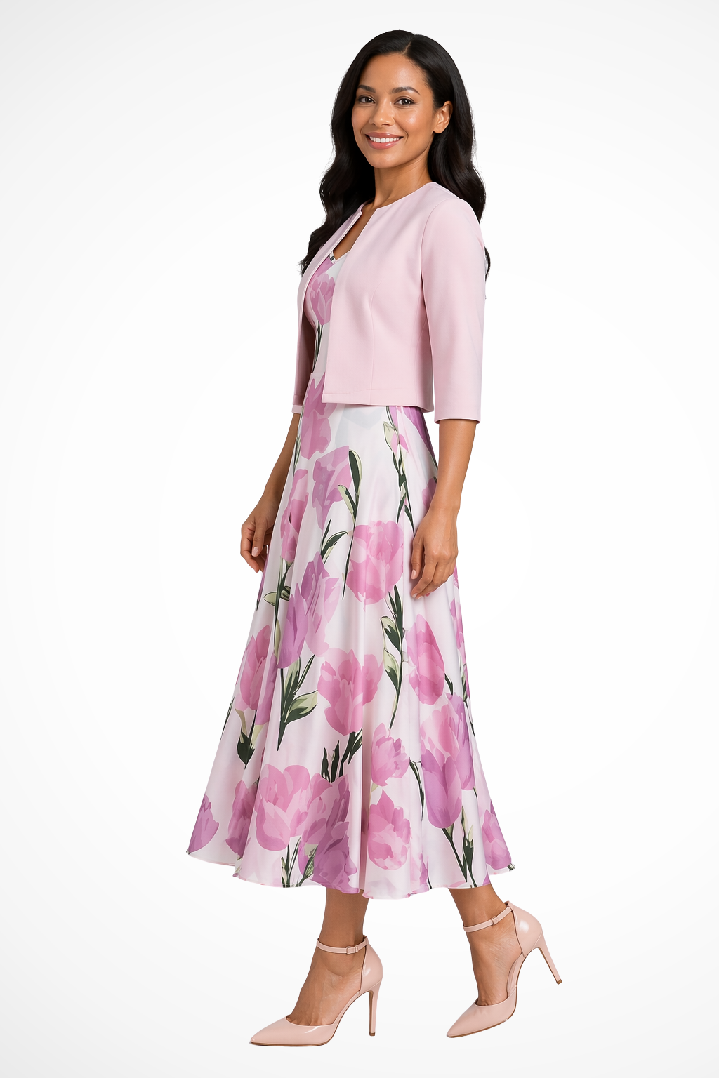 Elegant women's pink floral maxi dress, perfect for wedding guests, evening wear, or formal special occasions.