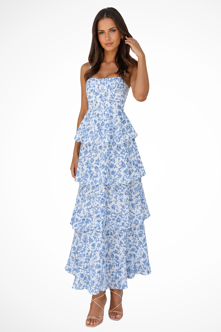 Pink floral tiered maxi dress with strappy ruffles, perfect for women's summer parties or wedding guests.