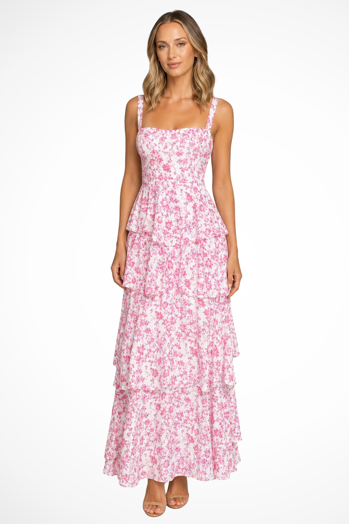 Women's elegant strappy floral maxi dress, tiered with ruffles, suitable for summer parties & wedding guests.