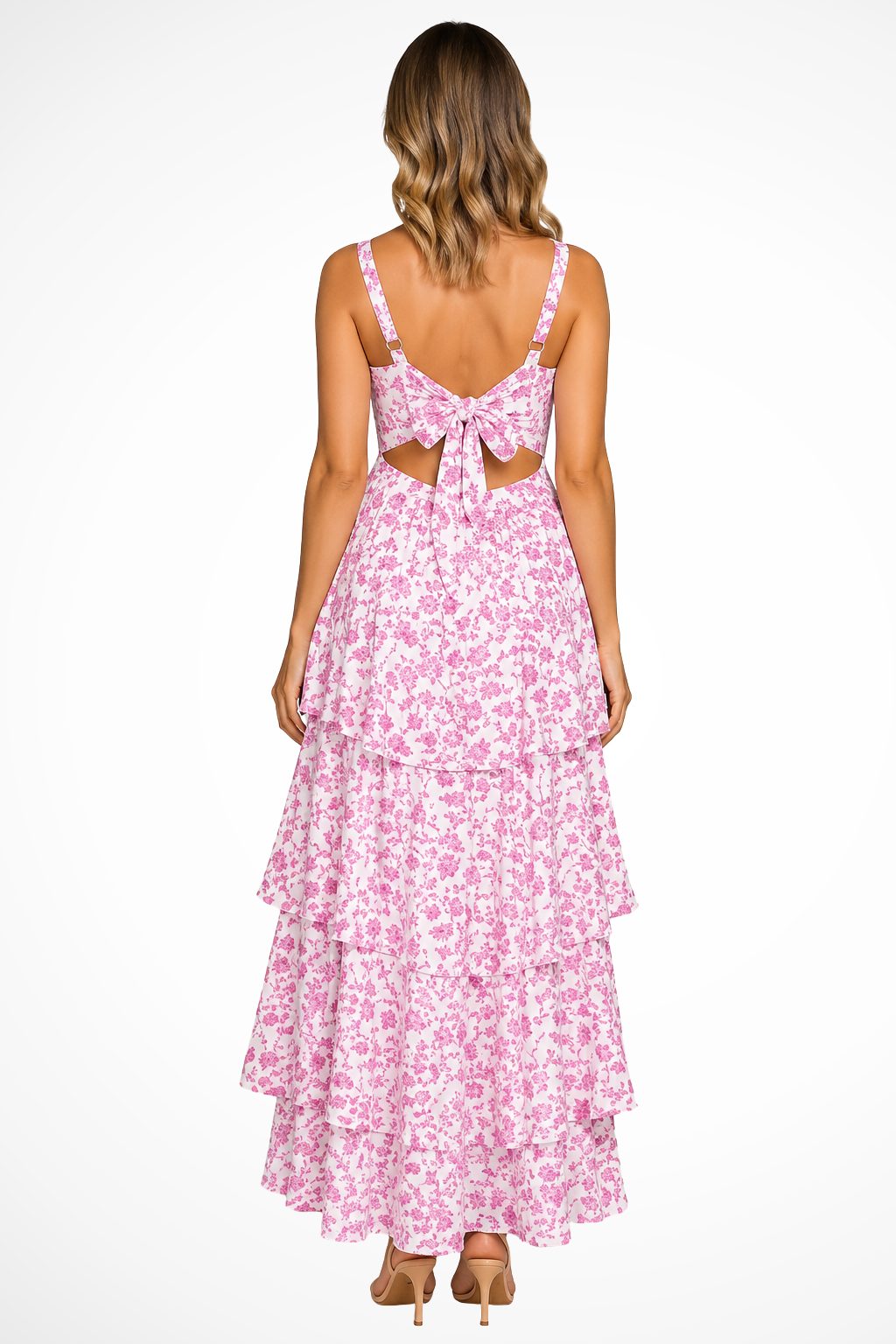 Beautiful women's tiered ruffle floral maxi dress with delicate straps, perfect for summer elegance or guest wear.