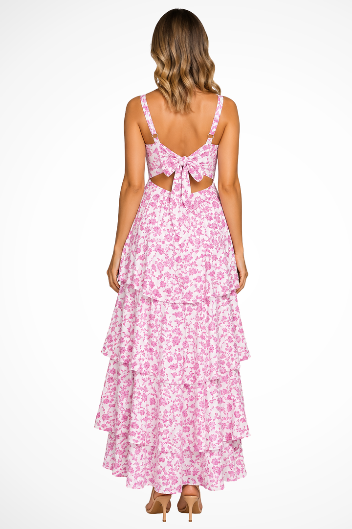Beautiful women's tiered ruffle floral maxi dress with delicate straps, perfect for summer elegance or guest wear.