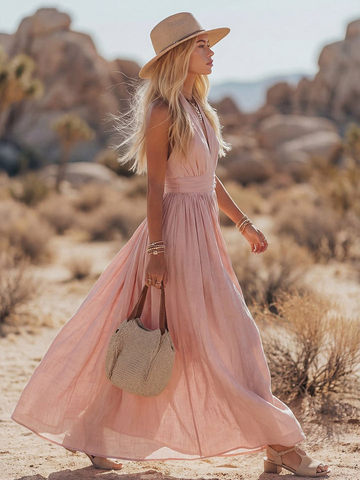 Women's flowing halterneck maxi dress, comfortable & sleeveless. Great for summer casual or vacation.