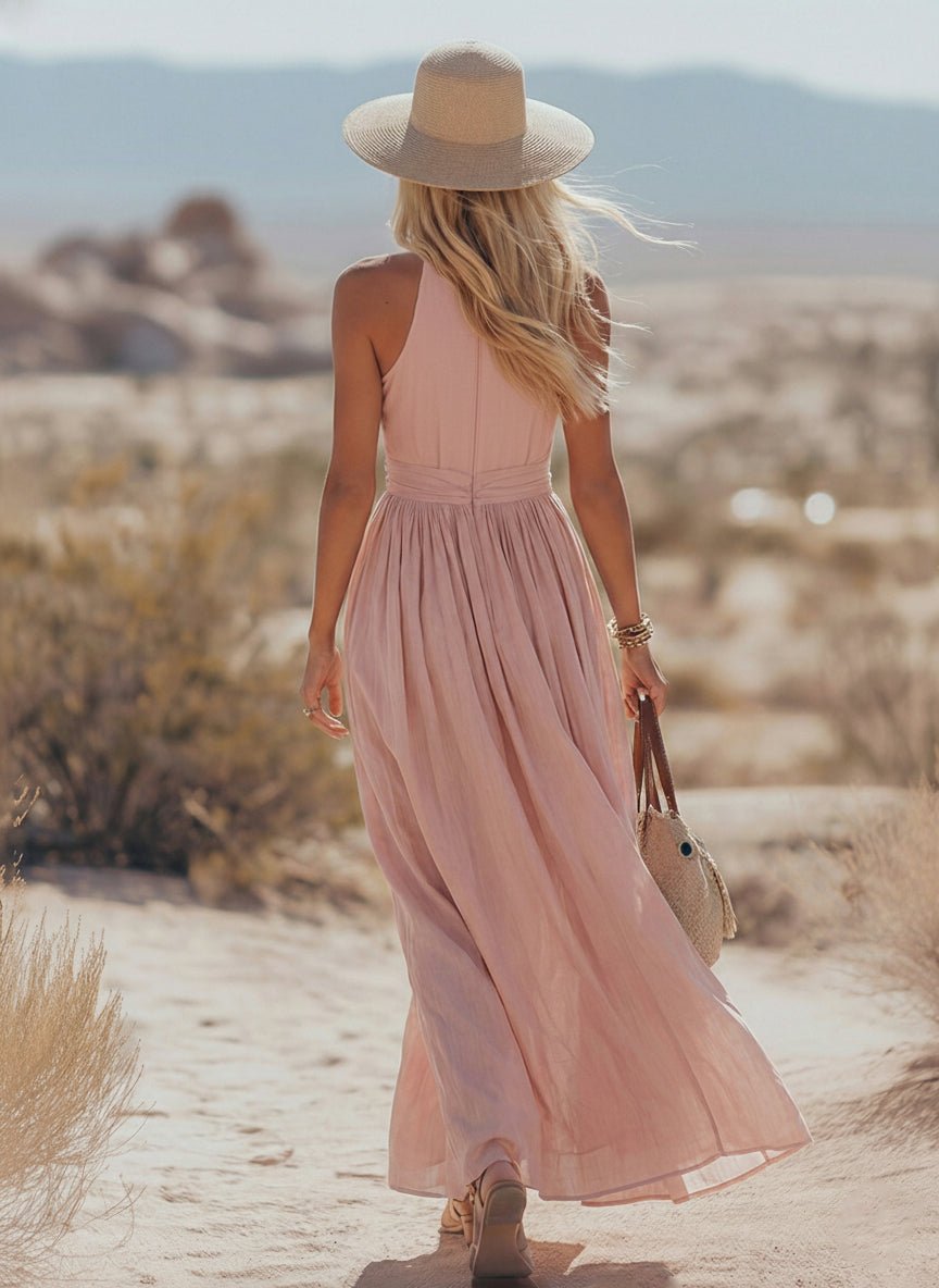 Bohemian style women's summer maxi dress with halterneck. Perfect casual or vacation outfit.