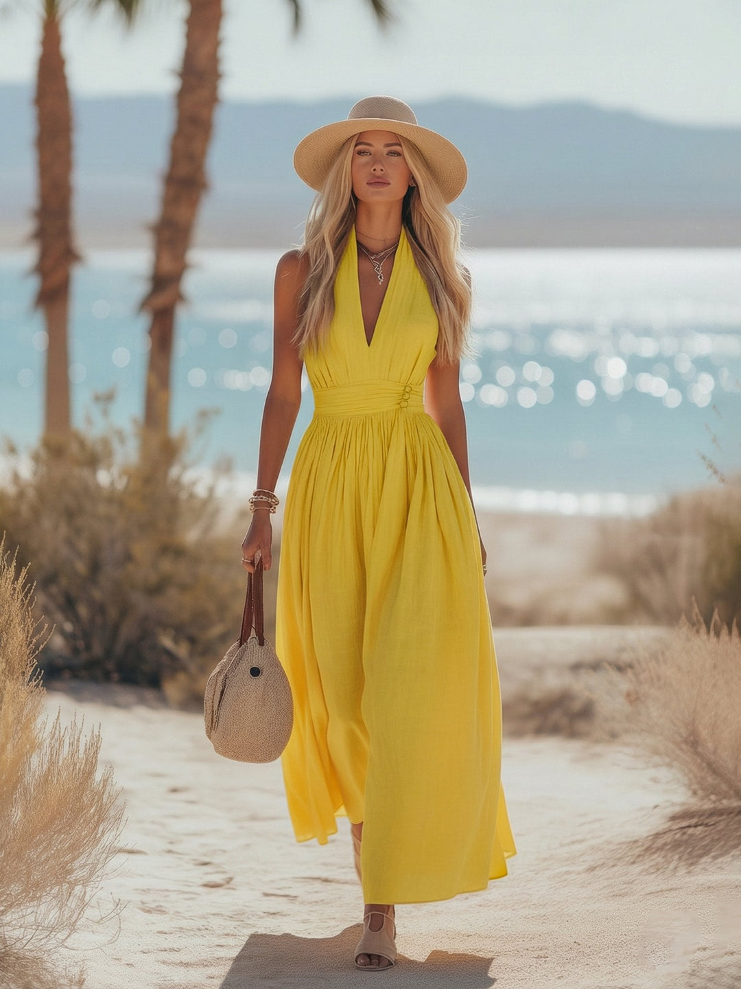 Vibrant yellow flowing halterneck maxi dress, women's summer style. Perfect for casual or beach vacation.